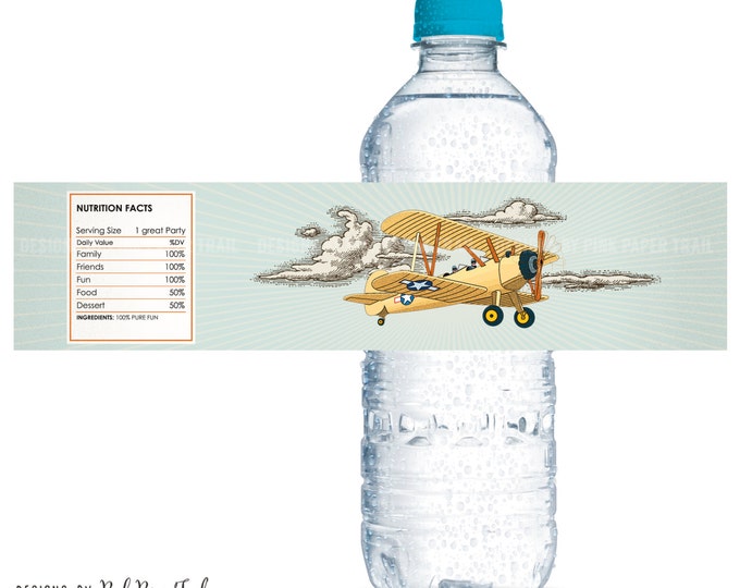Vintage Retro Airplane Water Bottle Labels, Party Printables, Instant Download