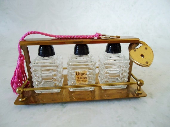 Antique Perfume Bottle Caddy, Brass Perfume Bottle Holder w Lock and Key