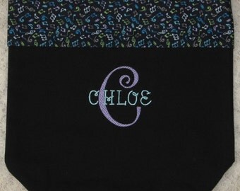 Personalized piano lesson book bag music notes treble clef bass clef fabric trim black canvas choir student recital birthday gift idea