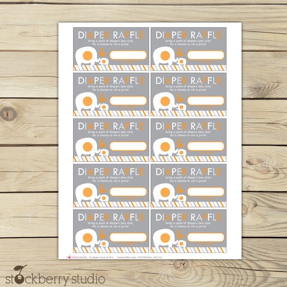 Elephant Diaper Raffle Ticket Orange & Gray - Elephant Baby Shower Raffle Ticket - Instant Download Il_570xn