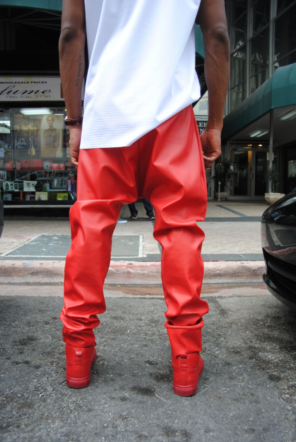 red leather joggers