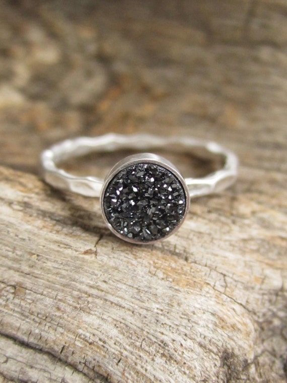 Tiny Black Druzy Ring in Sterling Silver