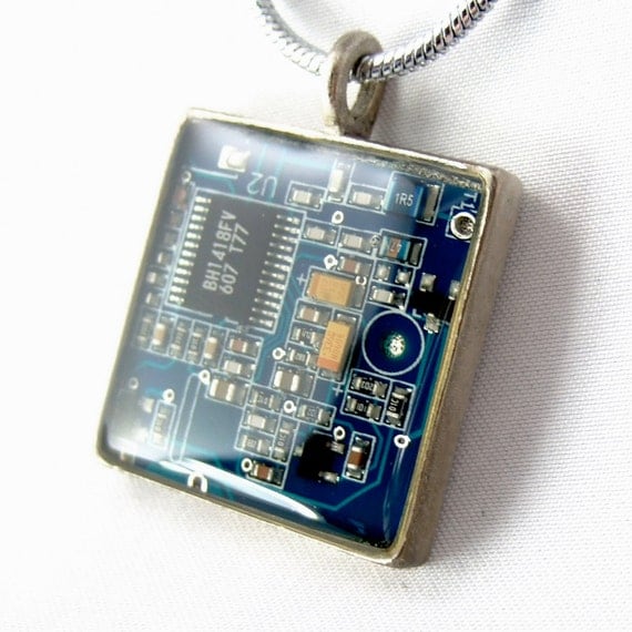 Computer Chip Circuit Board Necklace Blue Square Domed