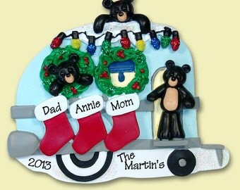 Personalized Christmas Ornament Black Bear Family of 3 Camping / Camper - HAND PAINTED RESIN