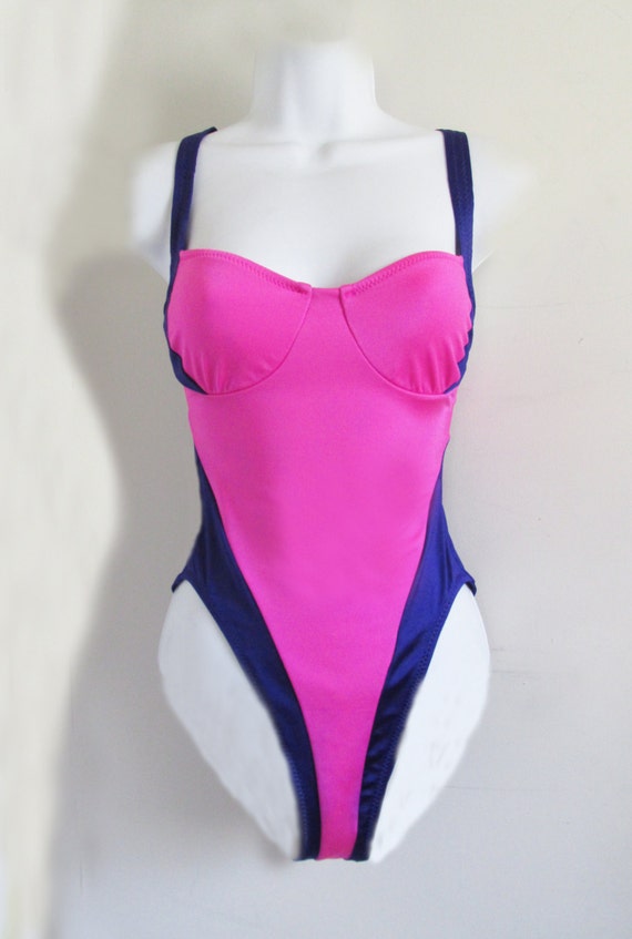 1980s One Piece JAG Pink and Purple High leg cut bathing suit