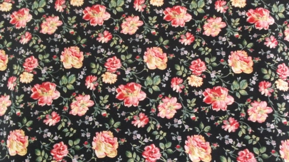 Fabric Black with Pink Roses and Lilac Floral Cotton Whole