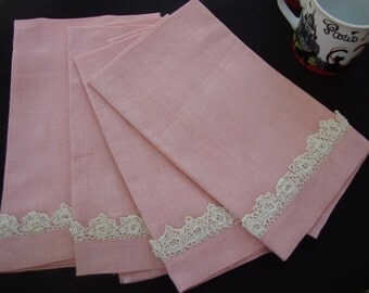 Four Vintage Tea Towels Pink Linen Towels Lace Napkins Linens Handmade Linens Vintage Linens Vintage Kitchen Irish Crochet 110