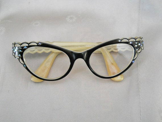 Vintage Cat Eye Glasses 1950s Rhinestone Eyeglass Frames 