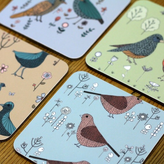 Colourful Bird and Floral Coasters set of four by lil3birdy