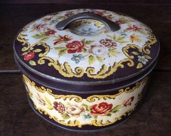 Vintage French tapestry pattern round tin box with handle storage kitchen biscuit sweet confectionary circa 1950's / English Shop