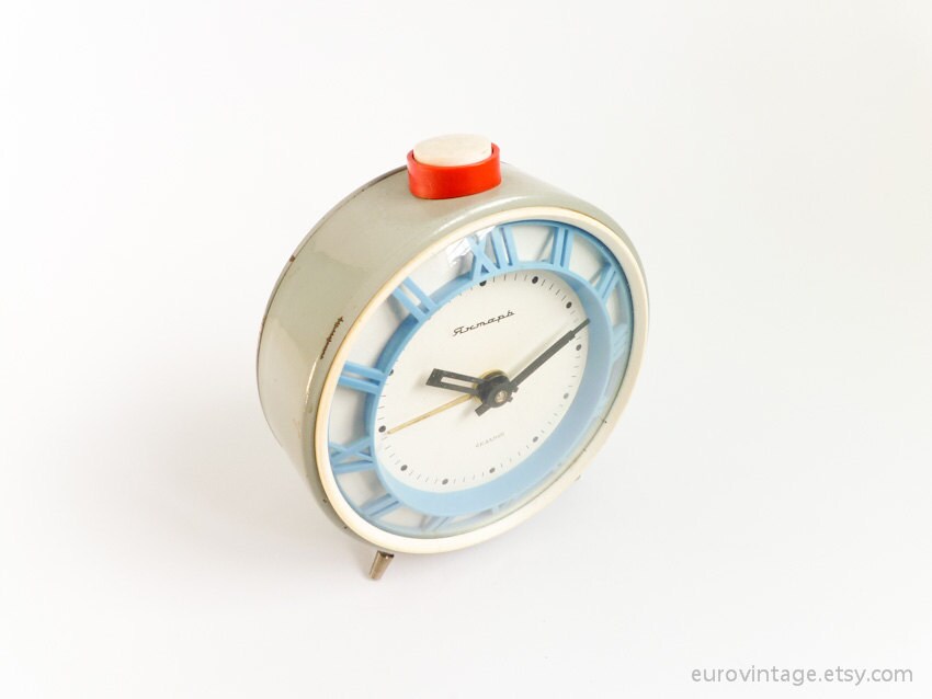 Vintage Baby Blue Alarm Clock Grey White Mechanical Wind Up