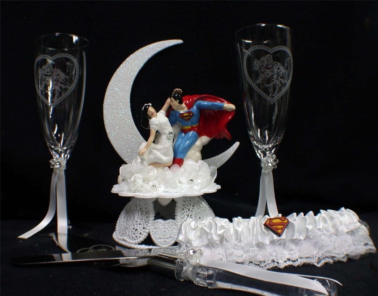 Superman Clark Lois Lane Wedding  Cake  topper LOT Glasses