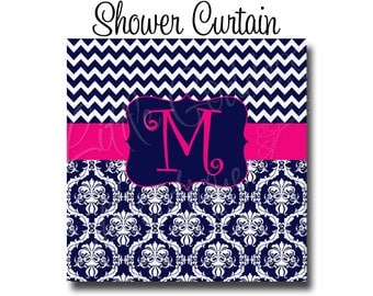 Monogram Shower Curtain, Personalized Shower Curtain, Long Shower Curtain, 70x70, 70x90, or ANY size, Chevron Damask