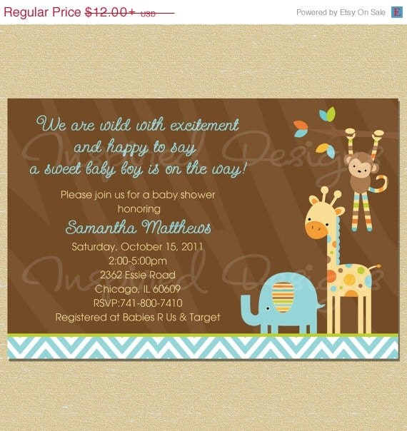 10% OFF SALE Blue Modern Chevron Jungle Animals Baby Shower Invitation - Boy Il_570xn