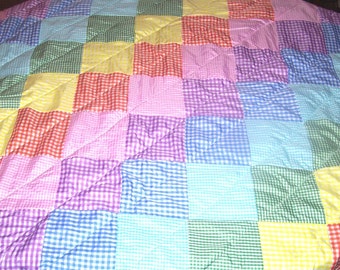 OOAK Summer Picnic Blanket with Gingham Patchwork, Quilting and handle