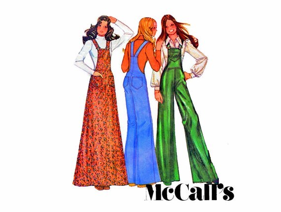 Rodeo Chic Country fashion 1970s Overalls and Long Maxi Jumper Size 10 Bust 32 1/2 Retro Sewing Pattern Vintage Boho Fashion McCalls 3835