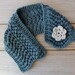 Hand knit soft blue scarf / cottage chic scarflette / rustic country inspired / crocheted flower brooch / muted cerulean blue / neck cozy
