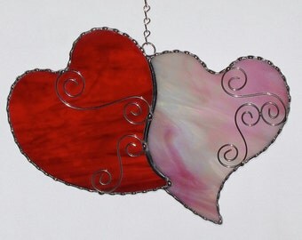 Stained Glass Suncatcher - Double Hearts, Red and Pink, Valentine Heart, Valentine's Day Gift