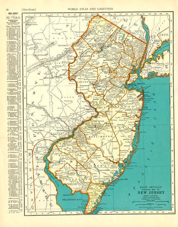 Items similar to NEW JERSEY and New Hampshire MAP 1935 Vintage Double ...