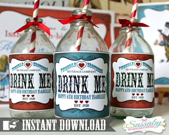 DIY Alice in Wonderland Drink Bottle Labels - INSTANT DOWNLOAD - Printable Party Decorations by Sassaby Il_570xn