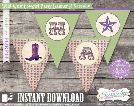 Cowgirl Party Banner - Lime/Purple - INSTANT DOWNLOAD - Editable & Printable Birthday Decoration by Sassaby Il_570xn