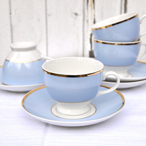Pale blue and white gold antique tea cups sets by LaviniasTeaParty
