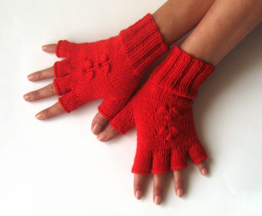 Red Fingerless Gloves Wool Half Finger Gloves Women Arm