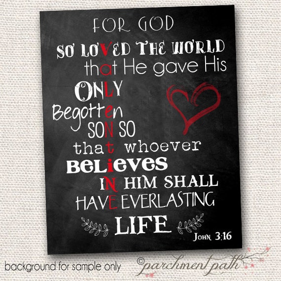 John 3:16 Chalkboard Wall Art Print Size 8x10 by parchmentpath