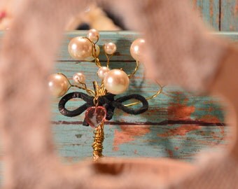 Tree of Life Wire Wrapped Glass Pearls Boutonniere