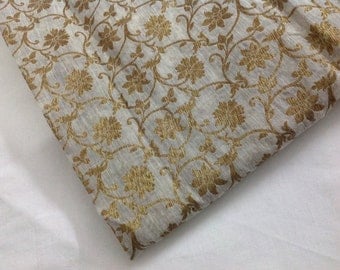 One yard beige and gold chanderi cotton silk with gold flowers