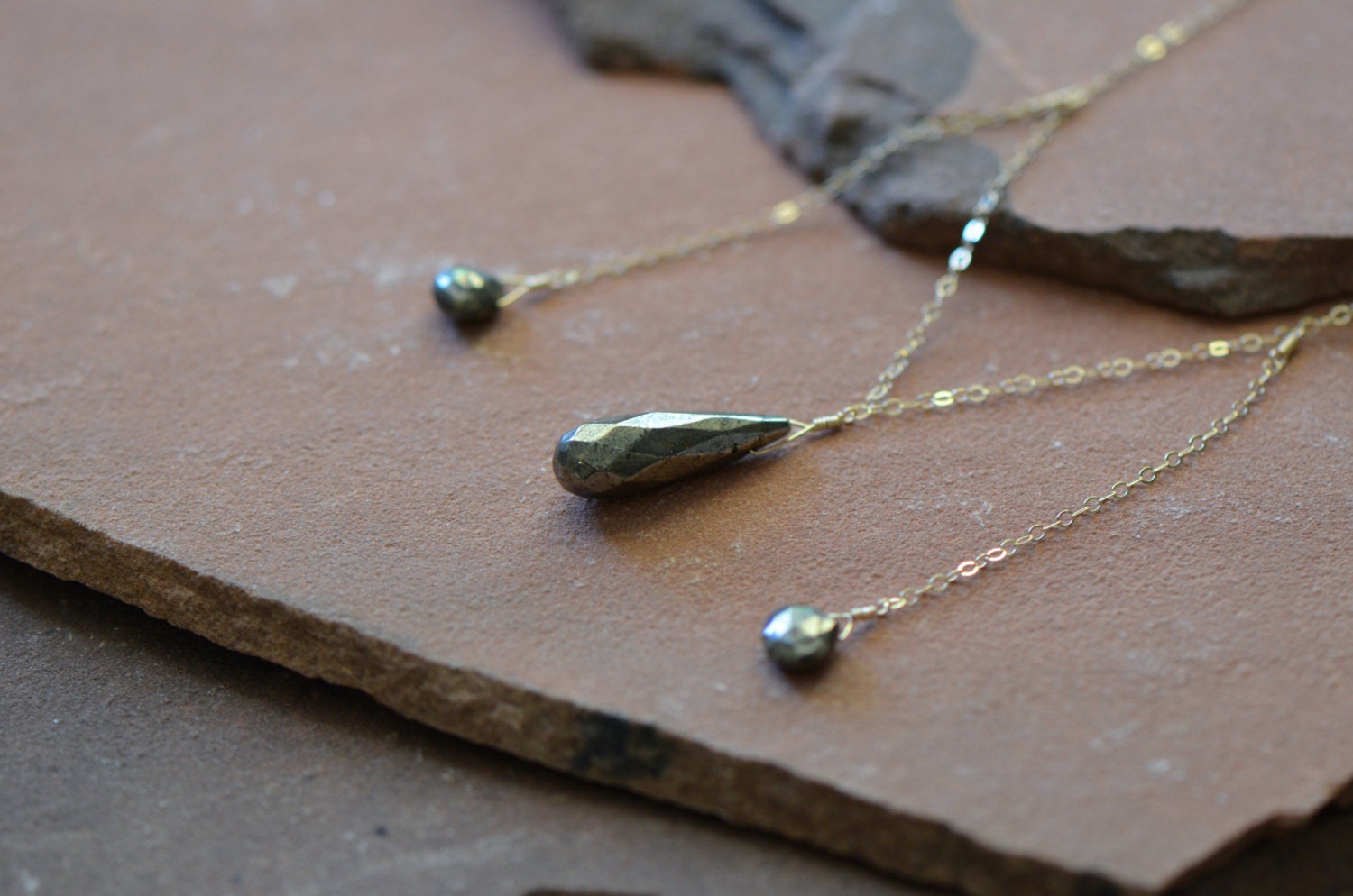 Iron Pyrite Necklace Triptych Necklace Delicate Gold Chain