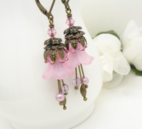 Long Light Pink Lucite Flower Earrings Handmade Pink By Wickedruby