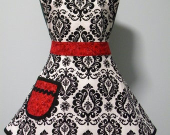 Womens Apron-Damask with Red Tonal Floral Full Sweetheart Apron