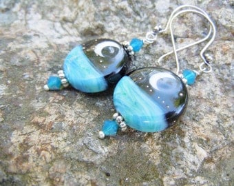 Lampwork Moon Earrings Sea Ocean Blue