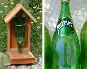 Bottle BIRD FEEDER, Recycled Bottle, Green Glass - Recycled, Hand Made, (bird seed not included). Ready to Ship