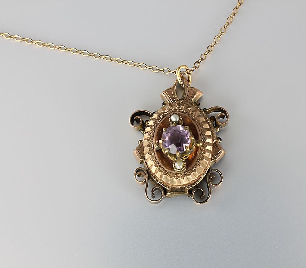 Victorian Amethyst seed Pearl Necklace gold filled 1900s