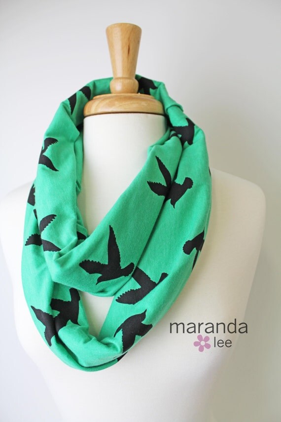 Infinity Scarf READY to SHIP Birds Green Black Jersey Knit