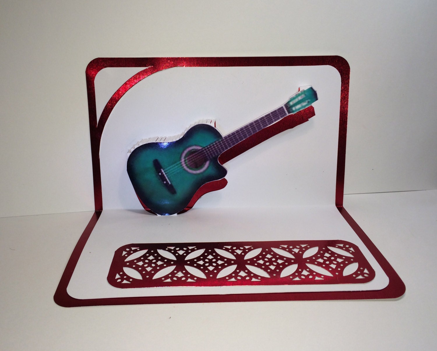 ACOUSTIC GUITAR 3D Pop Up Card ORIGINAL Design Origamic Architecture Home Decoration Handmade in Green White and Metallic Red One of a Kind