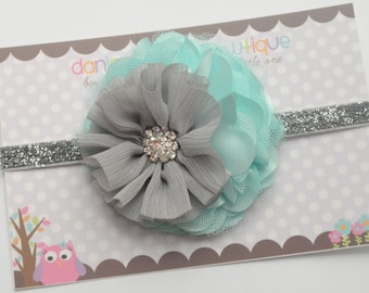 Gray and aqua mixed flower headband, baby girl headband, newborn bow, toddler headband, baby shower gift