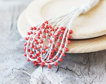 Natural linen necklace with coral red glass beads Gift for her Rustic crochet beaded jewelry Multi strand mid length necklace Summer