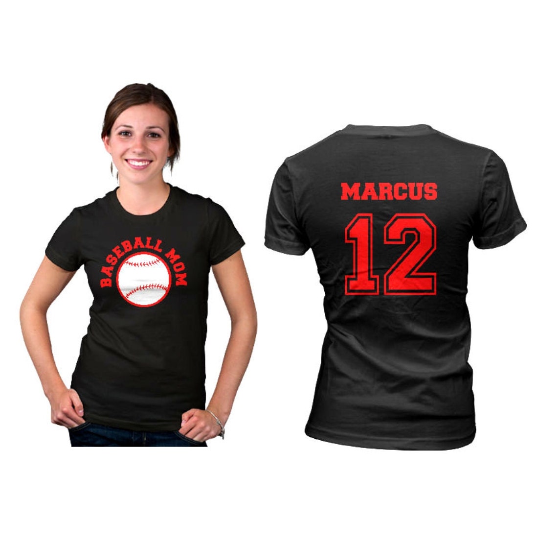 Personalized Baseball Mom women shirt. Front and Back