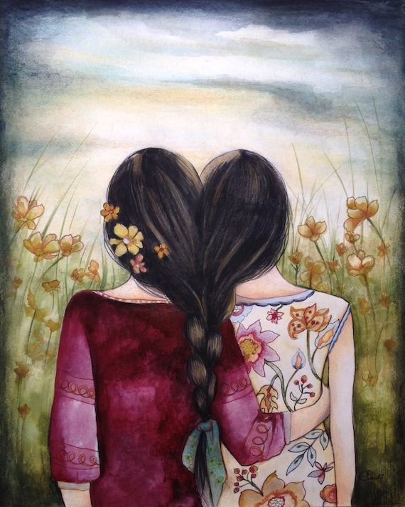 Art print sisters best friends black hair