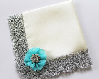 Blue Wedding Handkerchief, Bride Handkerchief, Something Blue, Bridal Shower Gift, Mother of Bride, Satin Handkerchief, Custom Hanky Couture