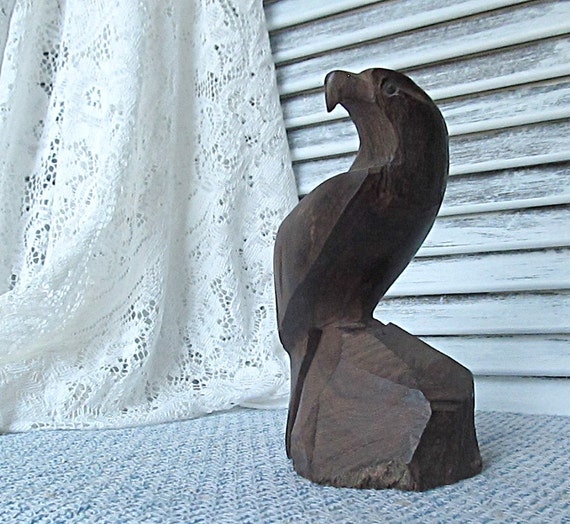 Ironwood Falcon Hawk Bird of Prey Carved Wood Statue FIgurine Dark Brown Gothic Home Decor