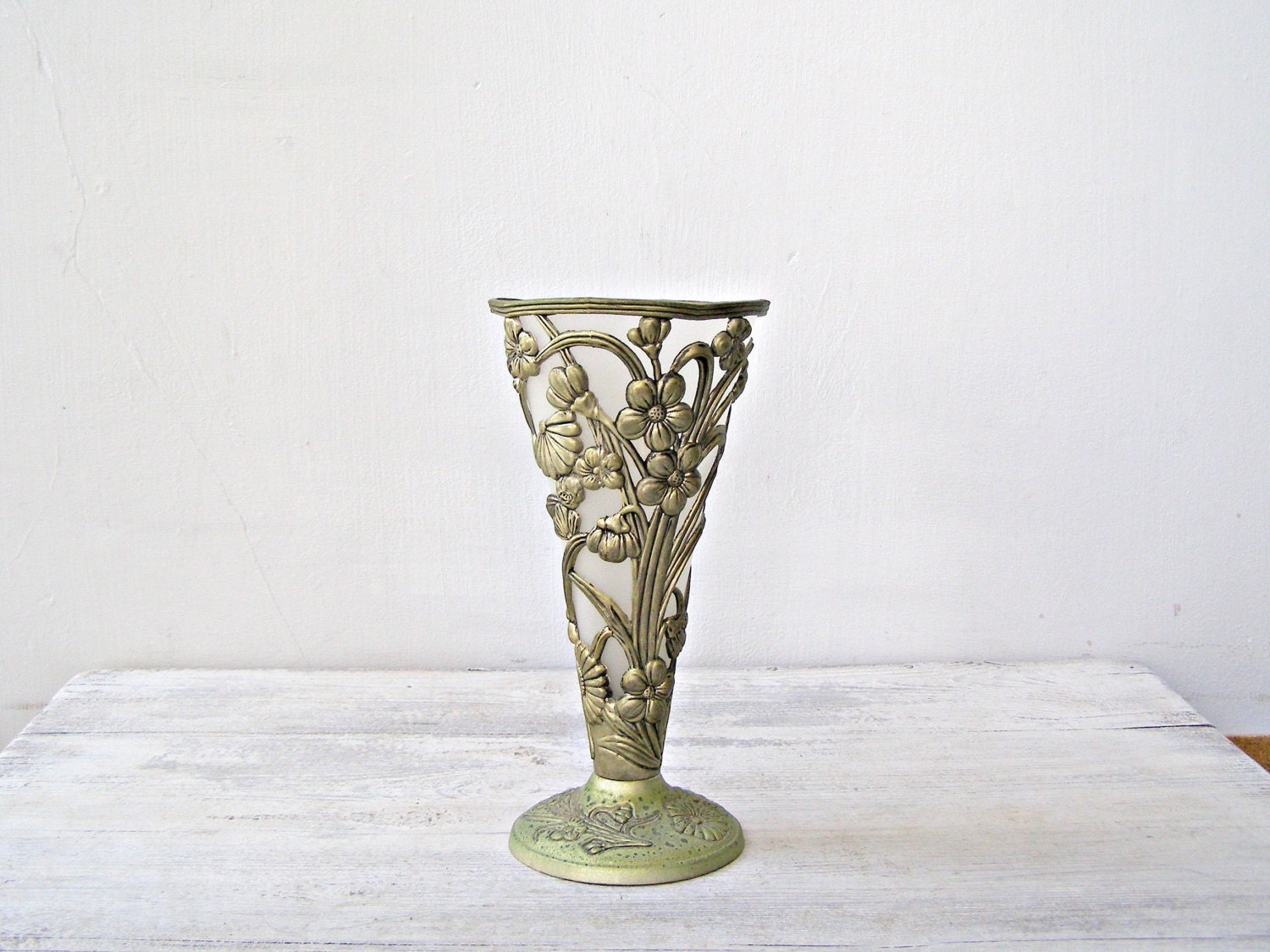 Milk Glass and metal Vase Floral metal filigree Cone Vase