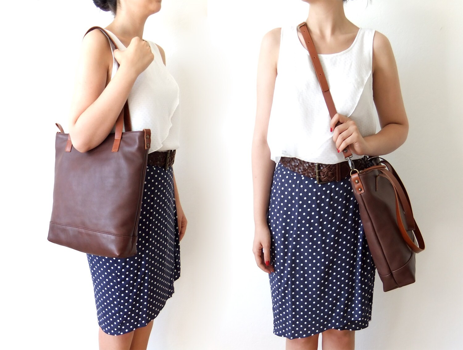 Leather Tote Bag in Dark Brown Light Brown Leather Handles