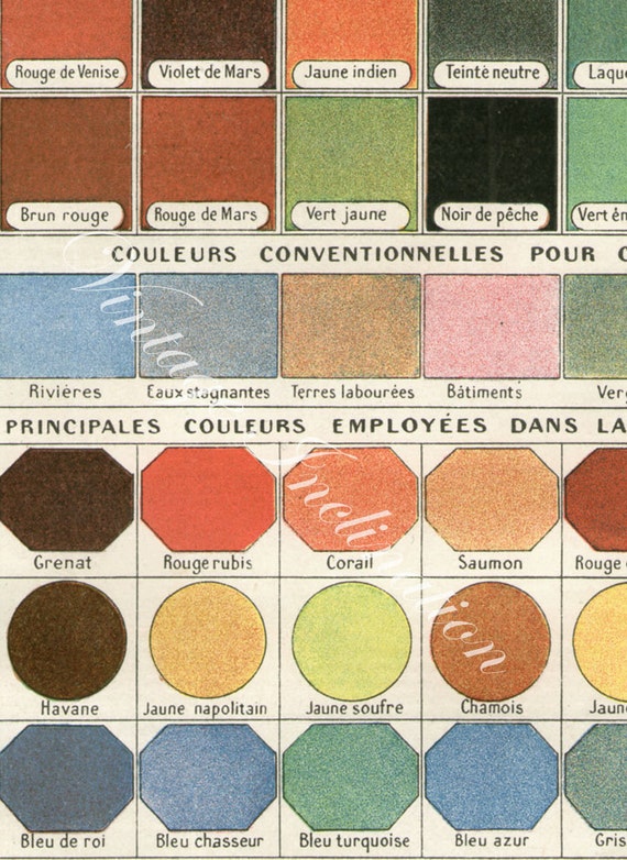 LARGE 1910 FRENCH COLOR Chart green yellow blue red brown