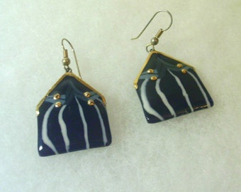 Hand Crafted Vintage Ceramic Earrings - Black with White Stripe, Gold Trim
