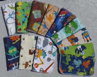 Set of 10 boys pattern print, reusable cloth napkins, baby wipes, lunch napkins, unpaper napkins