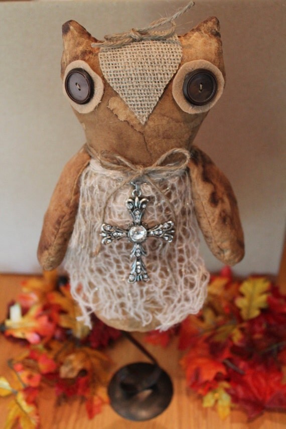 Fall Owl Stuffed Prim Decor on Stand...Holiday...Owl